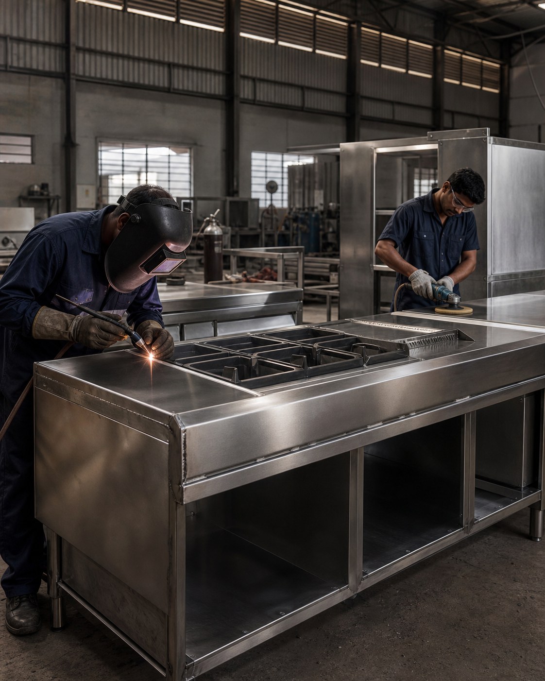 Skilled workshop team fabricating and polishing stainless-steel commercial kitchen equipment
