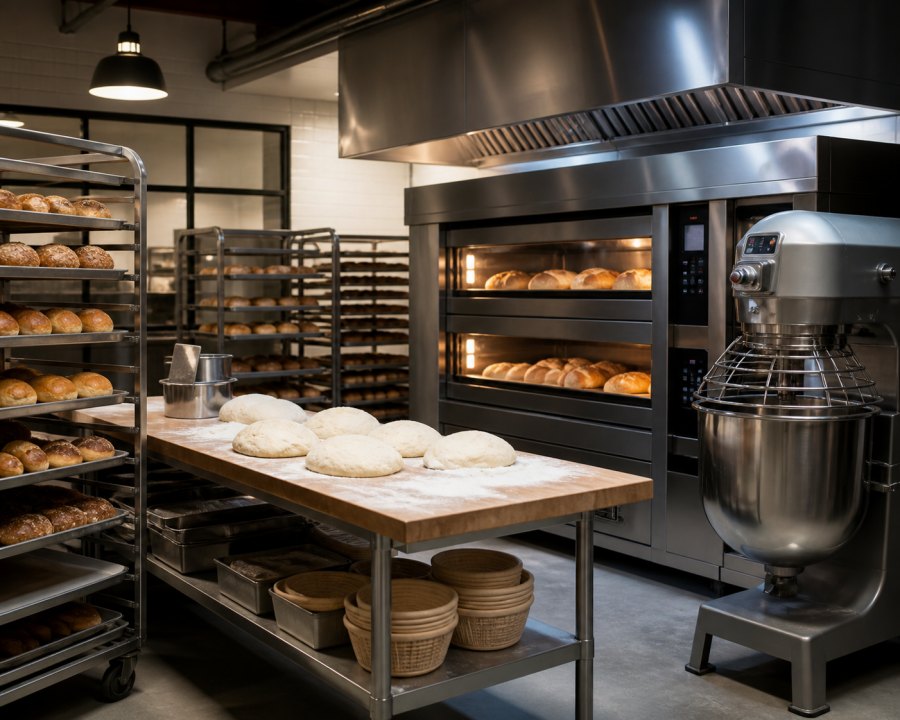 Commercial bakery with deck ovens and dough equipment