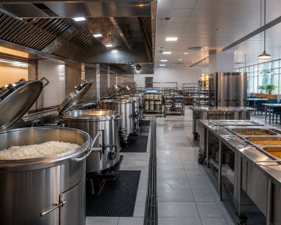 Industrial canteen kitchen cooking in bulk