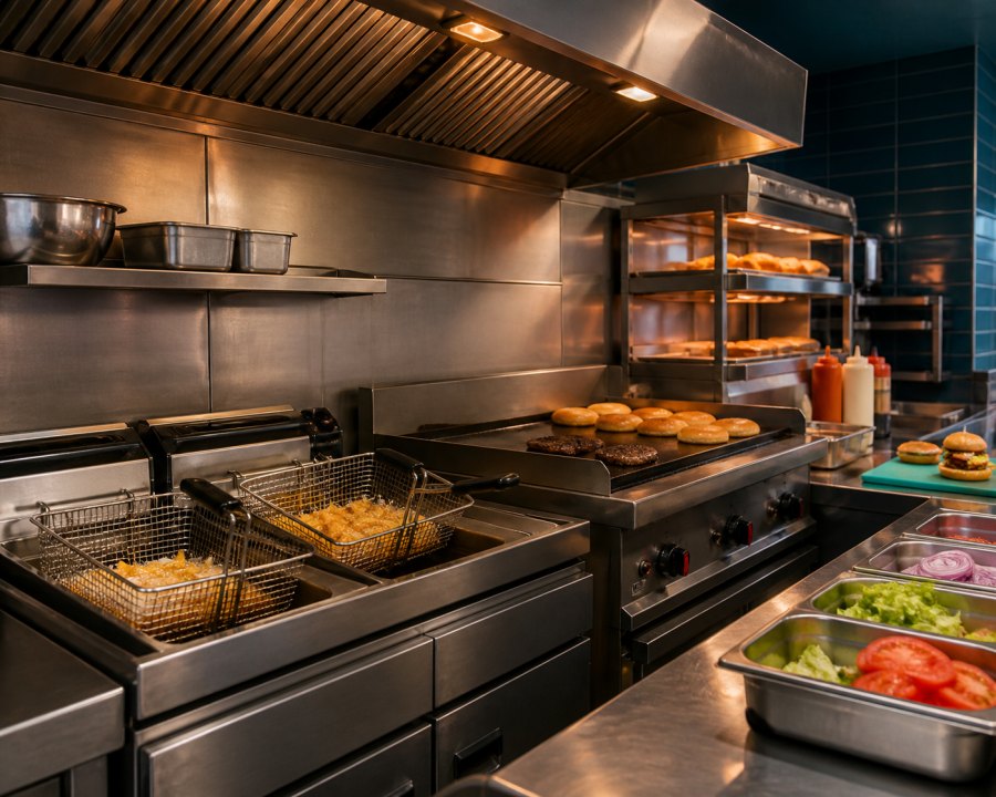 Fast food counter with fryers and hot display