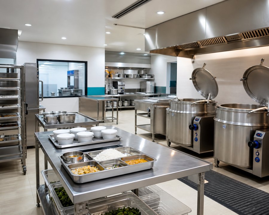 Hospital diet kitchen with stainless steel equipment and food service trolleys
