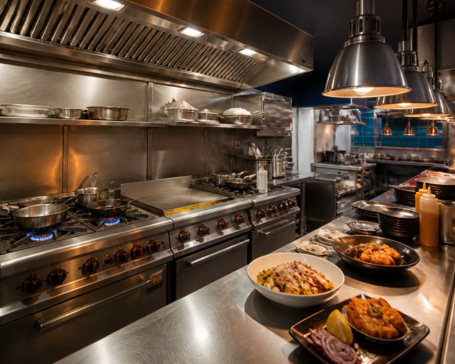 Restaurant kitchen with a compact stainless steel cooking line