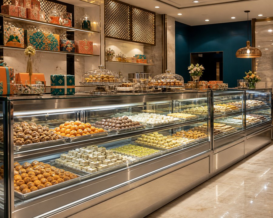 Sweet parlour with illuminated refrigerated display counters